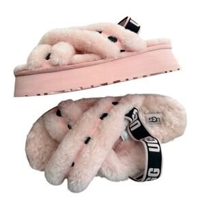 UGG Disco Cross Slides SHEEPSKIN FUR SANDALS Pink & Animalia Leopard Shoes 41/10